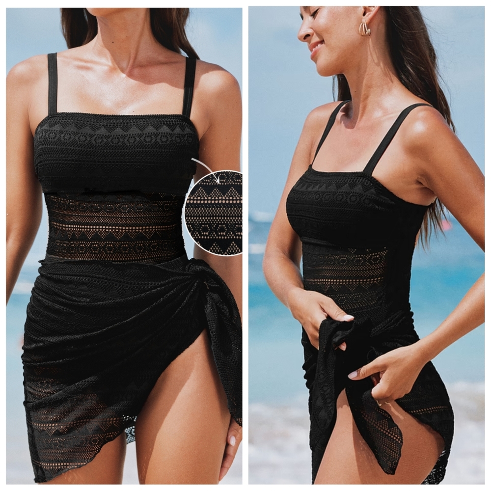 Cupshe Black Square Neck Mesh Overlay Swim Dress | Size M | NWT